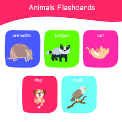 Cute animal names flashcards for school. Practicing to learning animals name. Educational printable game cards with images using funny insect animals for kids. Printable and colourful worksheet. Vecto