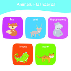 Cute animal names flashcards for school. Practicing to learning animals name. Educational printable game cards with images using funny insect animals for kids. Printable and colourful worksheet. Vecto