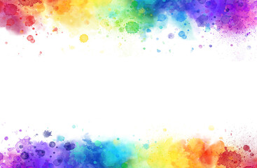 Rainbow watercolor frame  background on white. Pure vibrant watercolor colors. Creative paint gradients, splashes and stains. Abstract creative design frame - 487317611
