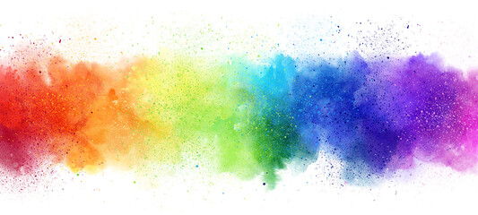 Rainbow watercolor banner background on white. Pure vibrant watercolor colors. Creative paint gradients, fluids, splashes, spray and stains. Abstract  background. - obrazy, fototapety, plakaty