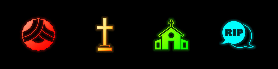 Set Memorial wreath, Grave with cross, Church building and Speech bubble rip death icon. Vector