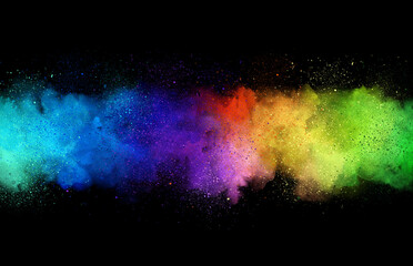 Neon Rainbow watercolor banner background on black. Pure neon watercolor colors. Creative paint gradients, fluids, splashes and stains. Abstract creative design background. - 487317685