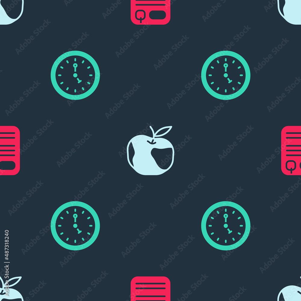 Poster set dossier folder, apple and clock on seamless pattern. vector