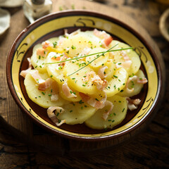 Homemade potato salad with bacon and chives