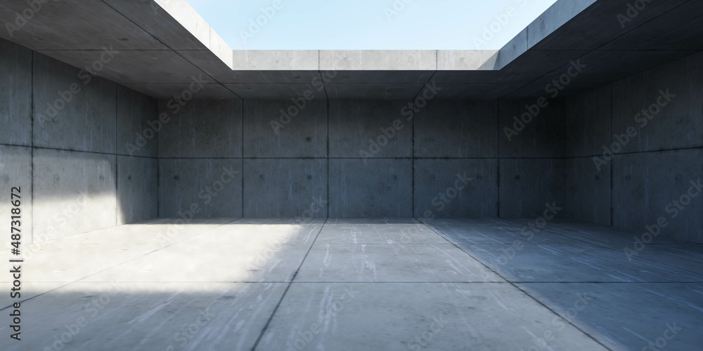 Poster empty abstract concrete building with open top and sky 3d render illustration