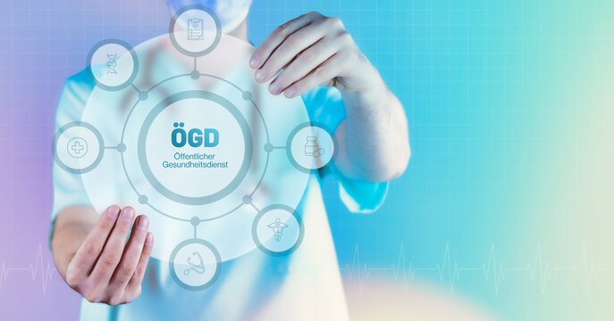 ÖGD (Öffentlicher Gesundheitsdienst). Medizin in der Zukunft. Arzt hält virtuelles Interface mit Text und Icons im Kreis.