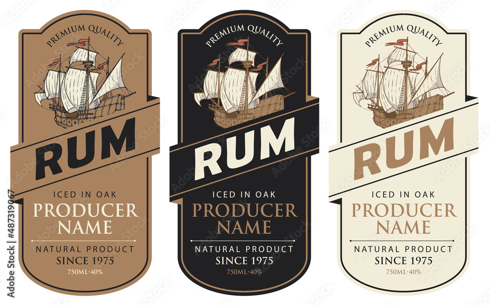 Poster set of three vector labels for rum in a figured frames with old sailing ships and inscriptions in re