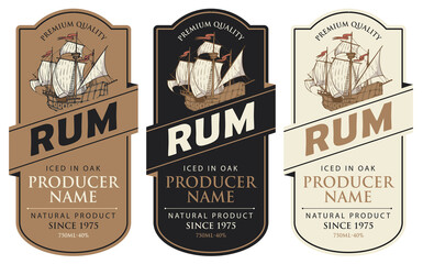 Set of three vector labels for rum in a figured frames with old sailing ships and inscriptions in retro style. Collection of strong alcoholic beverages. Premium quality, iced in oak - obrazy, fototapety, plakaty