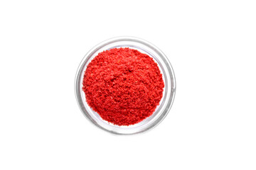 Series, spices on a white background, isolate, in different angles. Red, orange, bright paprika in a bowl