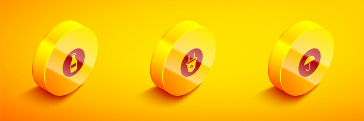 Set Isometric Bottle, Electric plug and Delivery package with umbrella icon. Vector
