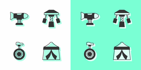 Set Circus tent, Swing plane, Unicycle or one wheel bicycle and Attraction carousel icon. Vector © Kostiantyn