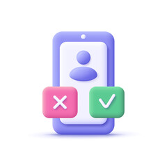 Smartphone with check mark and cross mark. Dating, recruitment, survey, choice, online test, internet quiz, yes and no, voting concept. 3d vector icon. Cartoon minimal style.