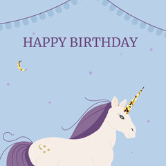 Unicorn birthday card with golden horn with decoration