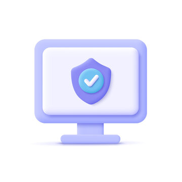 Laptop computer with security shield symbol. Data protection, internet security concept. 3d vector icon. Cartoon minimal style.