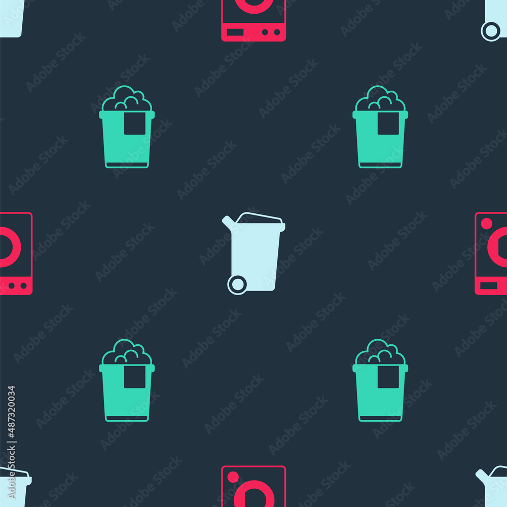 Poster set washer, trash can and bucket with foam on seamless pattern. vector