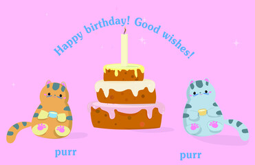 vector illustration Happy birthday greeting with a candle on the cake and two kitty that say purr-purr 