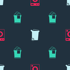 Set Washer, Trash can and Bucket with foam on seamless pattern. Vector