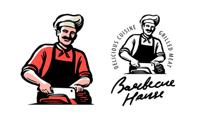 Chef with knife. BBQ emblem for restaurant or cafe menu. Grill bar, barbecue food concept
