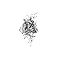 Fototapeta premium Tiger's head decorated with branches and leaves in a linear style, for the design of postcards, posters and other printed products.