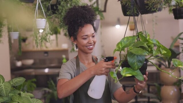 African american woman watering plants in botany shop