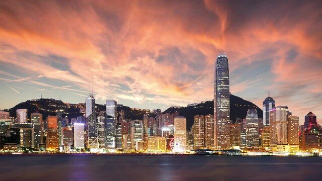 Hong Kong, China skyline, Time lapse of dramatic sunset