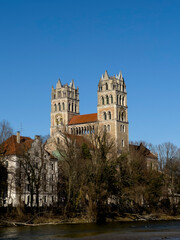 View on spring landscape by St. Maximilian church and Isar in Munich