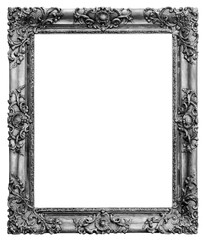 Wooden vintage rectangular  silver-plated, silver antique empty picture frame, isolated on white background - 487320667
