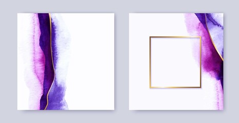 Set of square frames with violet, pink watercolor blots and thin golden line. Braight artistic background