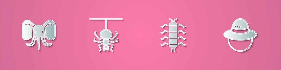 Set paper cut Elephant, Spider, Centipede insect and Camping hat icon. Paper art style. Vector