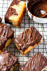 Chocolate marble cake square pieces. Serwing sweet dessert