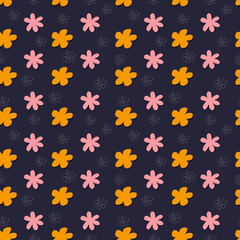 Seamless pattern in modern style. Bright blue background with white, yellow and pink painted flowers. Spring print collage of daisies. Design for paper, cover, fabric, interior decor, conference.