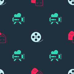 Set Comedy and tragedy masks, Film reel and Retro cinema camera on seamless pattern. Vector