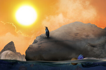 Melting iceberg and hot sun weather on background, Metaphor Ice sheet melting by an impact of...