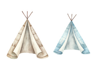 baby brown and blue  wigwam, cute baby watercolor illustration isolated on white background