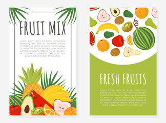 Fruit mix card templates set. Fresh ripe fruits banner, flyer design with space for text vector illustration
