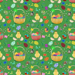 Seamless pattern with Easter design elements. Sheep, eggs, chicken,  tulips, flowers, willow branches, basket. Vector decorating elements for Easter and spring greeting cards, banner, textile, paper.
