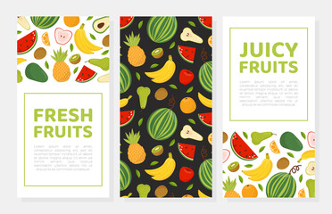 Fresh fruits card, flyer, banner with sliced ripe organic fruits and text vector illustration