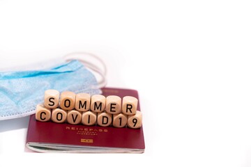 german word for summer, SOMMER, Coronavirus and travel concept. Summer 2022 Notice in letters and...