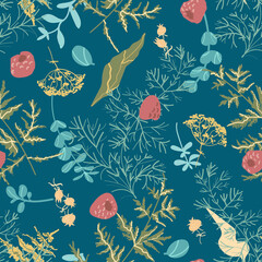 Blue forest leaves on turquoise background. Flat seamless pattern. Yellow yarrows, green fern. Plants - raspberry, wild strawberry, herbs. Textile design of the summer forest. Mint colors. Nature.