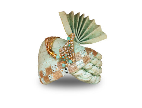 Indian Wedding safa/Turban/pagdi for Men Golden Color Dulha Marriage pagdi for Bridegroom in White Background.
