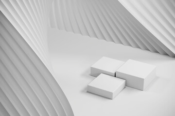 Three white platform on abstract mock up scene, abstract background for product presentation. 3d rendering