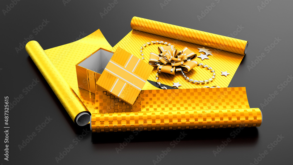 Poster pretty colorful gift wrapping and giftbox on black, isolated - object 3d rendering