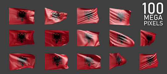 14 different pictures of Albania flag isolated on grey background - 3D illustration of object - obrazy, fototapety, plakaty