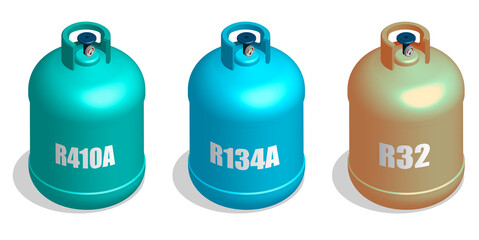 Refrigerant. Isometric Balon, container with coolant. Liquid nitrogen, freon. Filling air conditioners and refrigerators with refrigerant. Realistic 3D Vector isolated on white background © RNko
