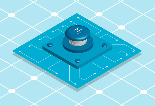 Blue Button With Sign Of Chemical Element Hydrogen. Transition To Alternative Energy Sources. Isometric 3D Concept. Vector