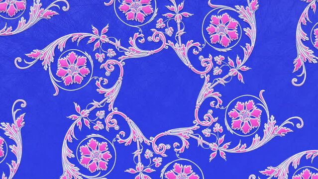 Decorative vintage antique floral baroque ornament, luxury renaissance retro victorian elegant motif, royal damask background with blue colorful rococo acanthus, animated ornate lace illustration
