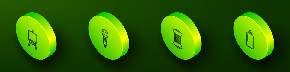 Set Isometric line Easel or painting art boards, Microphone, Sewing thread spool and Punching bag icon. Vector