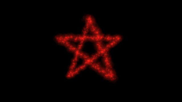 Red sparkling pentagram star animation, symbol of satanism, analog noise, black background