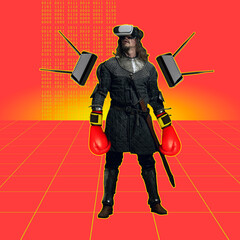 Contemporary art collage. Idea, inspiration, aspiration and creativity. Brutal medieval knight in VR headset on bright neon background. Concept of comparison of eras, tech