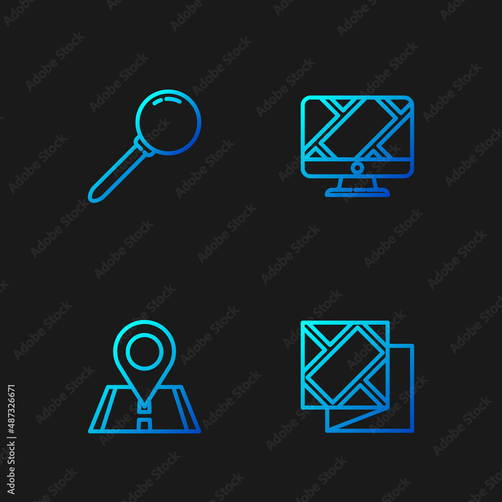 Poster set line folded map, location, push pin and monitor with location marker. gradient color icons. vect